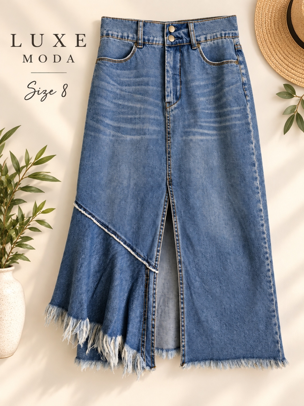 EUC LUXE Moda Denim Midi Skirt with Frayed Hem & Front Slit, Size 8
